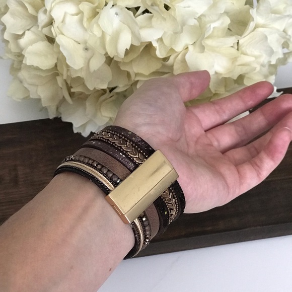 Leather Layered Cuff Bracelet, Brown - Picture 4 of 4